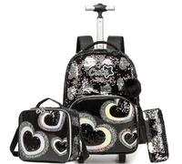 HTgroce Trolley Backpack with Wheels, Pencil Case, Lunch Bag, 3-in-1 Lightweight Rolling School Bag for Girls, School Bags Trolley Sets, Black Heart