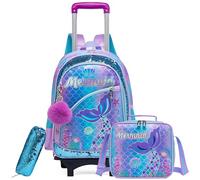 HTgroce Trolley School Bag Backpack School Backpack Trolley School Trolley School Bag Girls Large Trolley School Bag Backpack with Wheels for Girls Children, Blue Purple Mermaids