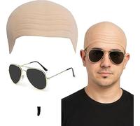 HTGWCG Adults Mr Worldwide Accessory Set, Nude Latex Bald Cap, Black Sunglasses, Black Soul Patch, bald Skin Bald Head Skull Wig Cap Famous Rapper Cosplay Halloween