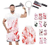 HTGWCG Butcher Halloween Costumes, Apron Mens Butcher Costume Ideas Male, Bloody Apron Knife Headband, Chef Scary Novelty Halloween Costume Dress 10 Sheets Realistic Tattoo Stickers Outfit