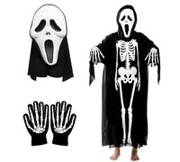 HTGWCG Scream Ghostface Kids Costume, Halloween Grim Reaper Costume Set, 3Pcs Skeleton Robe Costumes Skeleton Gloves Skull Mask, Accessories for Halloween Cosplay Decoration (red)