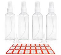 HTHL 4 PCS Set 100ML Spray Bottles Plastic Transparent Mist Spray Bottles with 2 Funnels and 1 Sheet Label Empty Travel Atomiser Refillable Liquid Containers for Perfume Cosmetic and Liquids