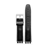 HTHRRFE Genuine Leather Watch Strap Compatible With SWATCH Wristband 17 19mm Red White Pink Blue Women Men Watchband Stainless Steel Buckle Bracelet(B black white,17mm)