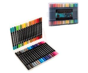 HTI Fairfax & Co Dual Tip Pens | 36 Piece Premium Quality Coloured Dual Tip Brush Pens in Storage Case Watercolour Brush Felt Tip Pen, Blendable, Water Based Ink Adults Drawing and Sketching