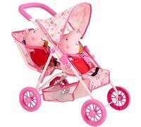 HTI Peppa Pig Tandem Twin Stroller | Toy Dolls Double Buggy In Pink | Childrens Baby Doll Stroller Toy Umbrella Fold Stroller| Role Play Toy Dolls Buggy Pushchair | Ages 3+, 6.5*34.5*55cm