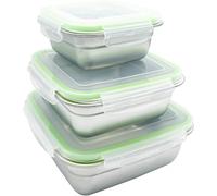 HTIAM Stainless Steel Food Containers, 3-Piece Set with Lids, Reusable for Breakfast, Lunch, Dinner, Snacks Bento Box Square Lunch Box 400/750/1200ml