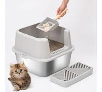 HTII-E Stainless Steel Cat Litter Box, Extra Large, Grey, Medium-Small Size, High Sides, Odor-Urine-Proof, Non-Stick, Easy Rinse Cleaning, Ideal for Cat Owners