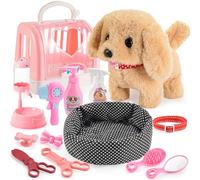 Htoyza Walking Dog Toys for Kids, 14Pcs Electric Interactive Toy Plush Puppy Dog Barking Wagging Tail, Birthday Present Pet Care Kit Pretend Role Play Set, Gift Toys for Girls Boys 2 3 4 5 6 Year Old