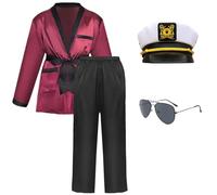 HTPARY Men Red Silky Robe Jacket With Black Pants Includes Captain Hat and Toy Prop Sunglasses Bunnygirl Cosplay Costume (M)