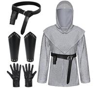 HTPARY Renaissance Faux Chain Mail Armor Tunic Shirt Coif Medieval Knight Cowl Crusader Costume outfit Viking Waist Belt Set
