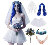 HTPARY Women's Zombie Bride Halloween Costume Set - Gothic Dress with Corpse Bride Veil, Blue Wig & More for Cosplay
