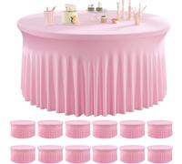 Htper 12 Pack Baby Pink Spandex Round Tablecloths for 60 inch Table, Wrinkle Free Stretchy 120inch Fitted 5FT Round Table Cloths Cover with Skirt for Wedding Party Dining Banquet Events