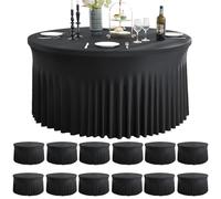 Htper 12 Pack Black Spandex Round Tablecloths, 60 inch, Wrinkle Free, Stretchy, Fitted 5FT Round Table Cloths with Skirt for Wedding Birthday Party Banquet
