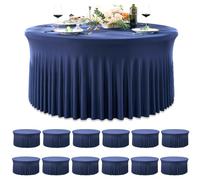 Htper 12 Pack Navy Blue Spandex Round Tablecloths for 60 inch Table, Wrinkle Free Stretchy 120inch Fitted 5FT Round Table Cloths Cover with Skirt for Wedding Birthday Party Banquet Events