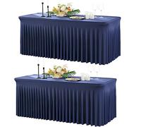 Htper 2 Pack Navy Blue Spandex Table Cloth for 6 Foot Rectangle Tables, Wrinkle Free Fitted Tablecloths with Skirt for Parties Weddings Birthday Banquet Baby Shower