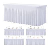 Htper 4 Pack White Spandex Tablecloth for 5 Foot Rectangle Tables, Wrinkle Free Fitted Table Clothes Cover 5ft Stretchy Tablecloths with Skirt for Parties Weddings Birthday Banquet Baby Shower