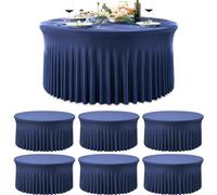 Htper 6 Pack Navy Blue Round Spandex Tablecloths for 60 inch Table, Wrinkle Free Stretchy 120inch Fitted 5FT Round Table Cloths Cover with Skirt for Wedding Birthday Party Dining Banquet Events
