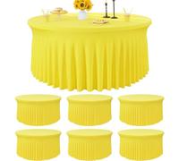 Htper 6 Pack Yellow Spandex Round Tablecloths for 72 inch Table, Wrinkle Free Stretchy 132inch Fitted 6FT Round Table Cover with Skirt for Wedding Party Dining Banquet