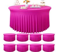 Htper 8 Pack Hot Pink Spandex Round Tablecloths for 72 inch Tables, Stretchy 132inch Fitted 6FT Round Table Cloths with Skirt for Wedding Party Dining Banquet