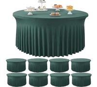 Htper 8 Pack Hunter Green Spandex Round Tablecloths for 72 inch Table, Stretchy 132inch Fitted 6FT Round Table Cloths, Wrinkle Free Table Cover with Skirt for Wedding Party Dining Banquet