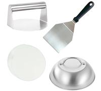 HTT GLOBAL 430 Stainless Steel Burger Press Kit with Burger Smasher,Burger Making Kit with Smash Burger Press, Burger Flipper, Cheese Melting Dome & 50 Wax Discs BBQ Griddle Accessories Kit (4Pcs)