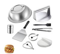 HTT GLOBAL Burger Press Kit, 9Pcs With Burger Press, Smasher, Spatula, Cheese Melting Dome, Egg Rings, Tongs, Brush, Shaker, and 50 Wax Discs, Complete Grilling Set