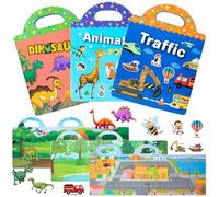 HTTDSLF 3 Pcs Multicolor Cartoon Sticker Books, 3D Puffy Vinyl Plastic Stickers, Reusable for Toddlers 2+ Years, Vehicles, Dinosaurs, Animals Scene Story Book