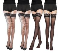 HTTDSLF 4 Pairs Hold up Stockings for Women, Fishnet Thigh High Stocking, Black Stockings Hold Up for Women, Lace Top Sheer Over Knee Stocking