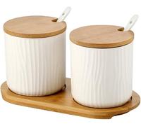 HTTGDGDH 2 Pieces Of Ceramic Spice Can Sugar Can Ceramic Sugar Can With Spoons And Bamboo Lid, Tea Sugar Salt Spice 300 Ml For Household And Kitchen,