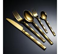 HTTGDGDH Silverware Flatware Cutlery Set, 5/20/30/40/50/60 Pieces 304 Stainless Steel Tableware Square Handle Hotel Restaurant Steak Knife And Fork Spoon Dining Kitchen Knife And.,Gold-5 Pieces for 1