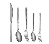 HTTGDGDH Silverware Flatware Cutlery Set, 5/20/30/40/50/60Pcs 304 Stainless Steel Cutlery Creative Hammer Pattern Round Handle Light Luxury Dinner Knife Fork Spoon Hotel Dessert S,