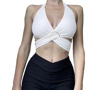 HTTOAR Women Sexy Halter Criss Cross Wrap Vest Cut Out Sleeveless Solid Colour Crop Tops Tank Top Various Wearing Methods with Metal Ring (Large, White)