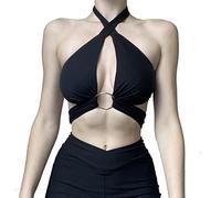 HTTOAR Women Sexy Halter Criss Cross Wrap Vest Cut Out Sleeveless Solid Colour Crop Tops Tank Top Various Wearing Methods with Metal Ring (Medium, Black)