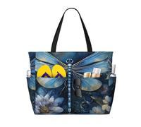 HTTUP Art Blue Dragonfly Print Beach Bag Foldable Lightweight Tote Summer Vacation Pool Camping Travel-Friendly