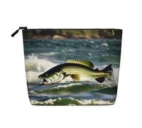HTTUP Bass Fishing Wave Print Business Trip Essential Single-layer Makeup Bag Zippered Pouch Women Large Capacity, Black, One Size