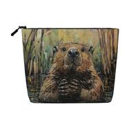 HTTUP Beaver Print Business Trip Essential Single-layer Makeup Bag Zippered Pouch Women Large Capacity, Black, One Size