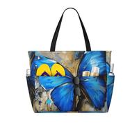 HTTUP Blue Butterfly Print Beach Bag Foldable Lightweight Tote Summer Vacation Pool Camping Travel-Friendly