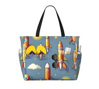 HTTUP Cartoon Rocket Print Beach Bag Foldable Lightweight Tote Summer Vacation Pool Camping Travel-Friendly