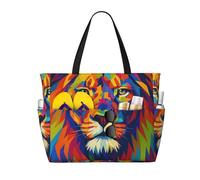 HTTUP Colorful Lion Print Beach Bag Foldable Lightweight Tote Summer Vacation Pool Camping Travel-Friendly