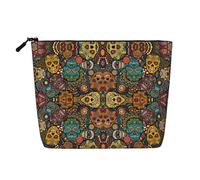 HTTUP Colorful Sugar Skulls Print Business Trip Essential Single-layer Makeup Bag Zippered Pouch Women Large Capacity, Black, One Size