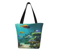 HTTUP Cute Blue Fish Print Lightweight Summer Shoulder Bag Travel Beach Work Casual Use Functional Pockets