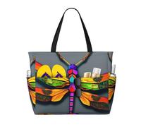 HTTUP Cute Dragonfly Print Beach Bag Foldable Lightweight Tote Summer Vacation Pool Camping Travel-Friendly