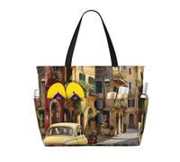 HTTUP Italian Street Print Beach Bag Foldable Lightweight Tote Summer Vacation Pool Camping Travel-Friendly