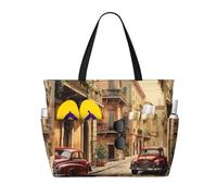 HTTUP Italian Street Print Beach Bag Foldable Lightweight Tote Summer Vacation Pool Camping Travel-Friendly