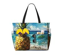HTTUP Pineapple by The Sea Print Beach Bag Foldable Lightweight Tote Summer Vacation Pool Camping Travel-Friendly