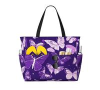 HTTUP Purple Butterflies Floral Print Beach Bag Foldable Lightweight Tote Summer Vacation Pool Camping Travel-Friendly