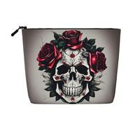 HTTUP Red Rose Skull Print Business Trip Essential Single-layer Makeup Bag Zippered Pouch Women Large Capacity, Black, One Size
