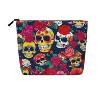 HTTUP Sugar and Skulls and Flowers Print Business Trip Essential Single-layer Makeup Bag Zippered Pouch Women Large Capacity, Black, One Size