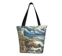 HTTUP The Seaside Lighthouse Print Lightweight Summer Shoulder Bag Travel Beach Work Casual Use Functional Pockets