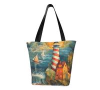 HTTUP The Seaside Lighthouse Print Lightweight Summer Shoulder Bag Travel Beach Work Casual Use Functional Pockets